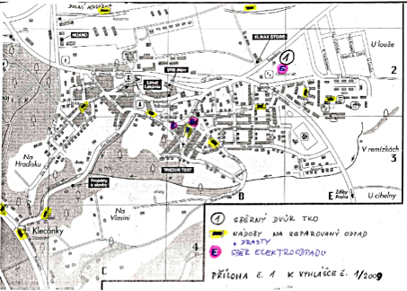 Mapka s vyznačením sběrných nádob a sběrného dvora